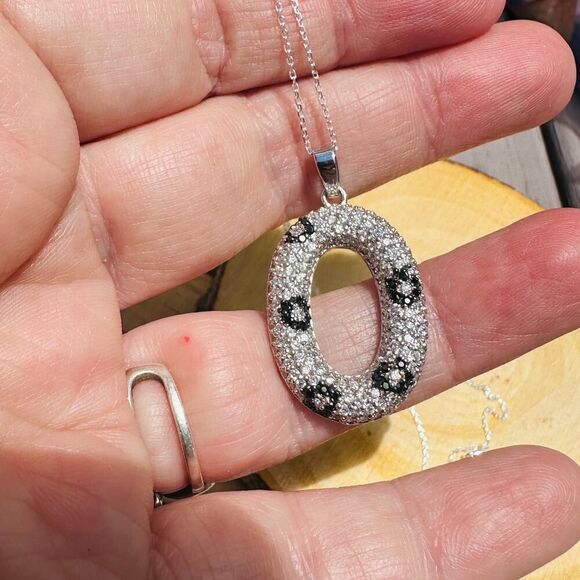 Sterling Silver Micro Pave CZ Oval Pendant Necklace-Black & White Sparkle - Picture 3 of 4